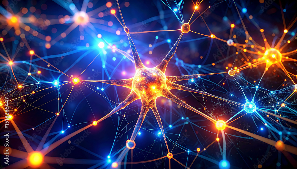 Fototapeta premium Abstract neural network depicting interconnected neurons, synapses, and digital communication in a complex biological system