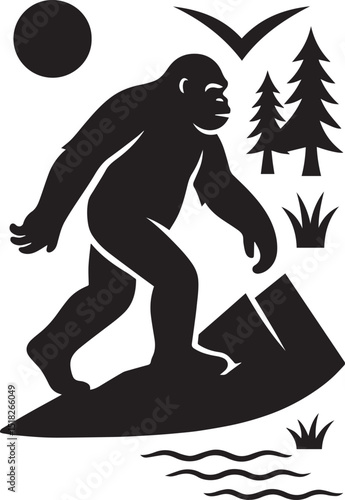 Bigfoot gorila black and white is walking on the mountain silhouette vector design