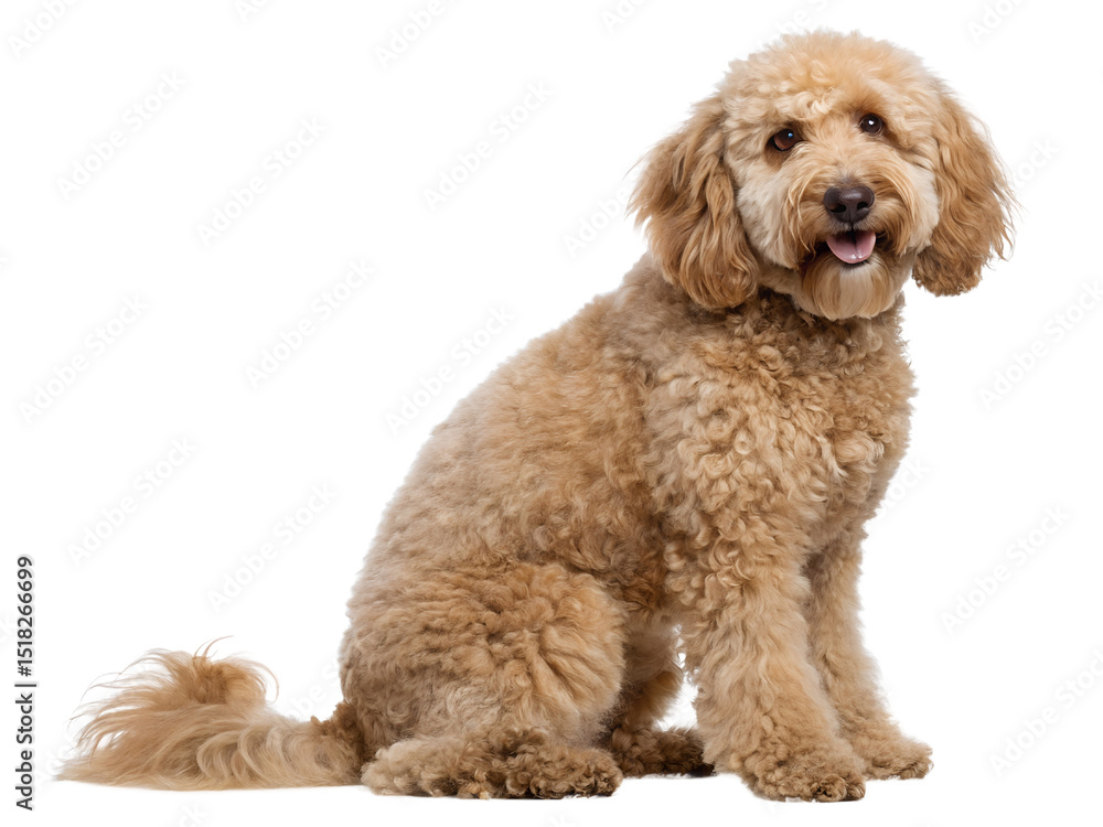 Fototapeta premium Portrait of a Goldendoodle Dog Sitting Isolated on transparent background, Isolated Png file, Cut-out, Isolate Png, No Background, Isolated object