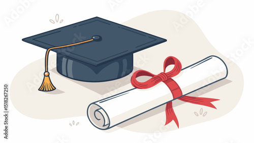Graduation Cap and Diploma Scroll with Red Ribbon Education and Academic Achievement Illustration