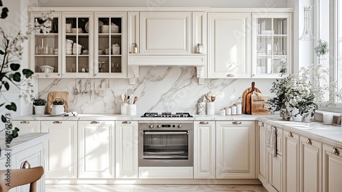 A bright and airy kitchen with cream-colored cabinetry and marble countertops.