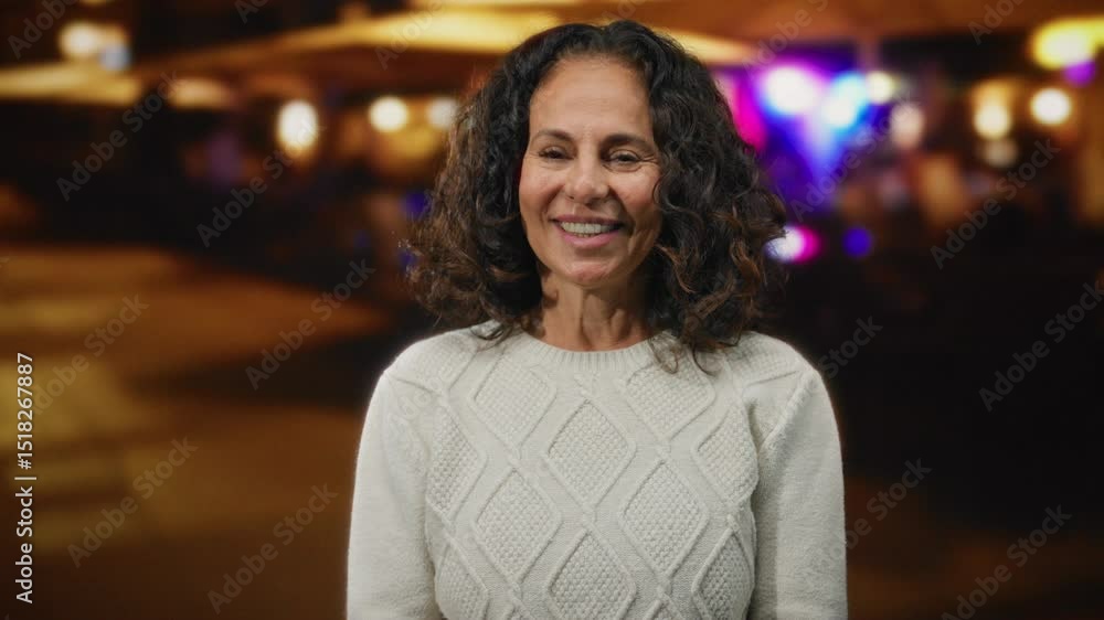 Woman smiling outdoors wearing white sweater with curly hair in urban night street setting highlighting the vibrant city atmosphere. Woman smiling outdoors wearing white sweater with curly hair in urban night street setting highlighting the vibrant city atmosphere.
