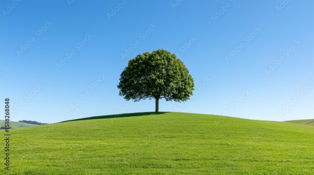 Fototapeta premium Solitary Tree on Green Hill, Blue Sky