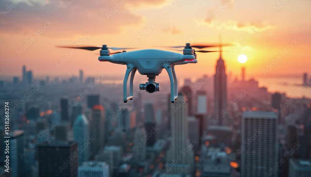 Drone flying over city during sunset. Aerial view of urban landscape with high-rise buildings against orange sky. Stunning panoramic view, beautiful light, sun. Technology, filming, photography. Drone flying over city during sunset. Aerial view of urban landscape with high-rise buildings against orange sky. Stunning panoramic view, beautiful light, sun. Technology, filming, photography.