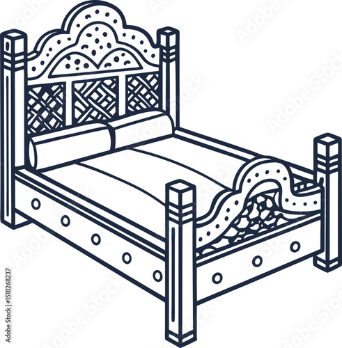 Traditional carved wooden bed frame with decorative headboard and pillows outline drawing, vintage illustration