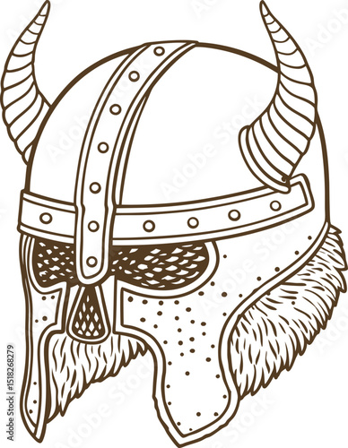 Viking horned helmet sketch medieval warrior armor illustration, norse battle helmet with fur detail