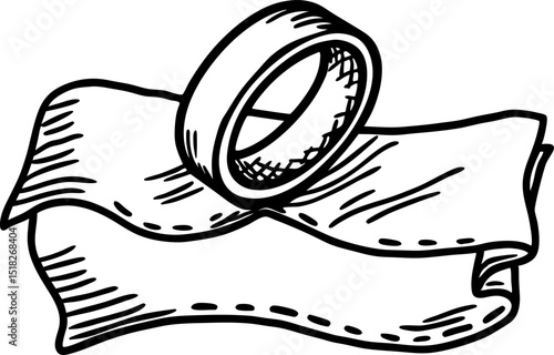 Adhesive tape roll with unrolled strip, black and white sketch packaging, repair, household utility illustration