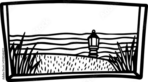 Coastal landscape illustration with lantern and sea view minimalist black and white shoreline drawing