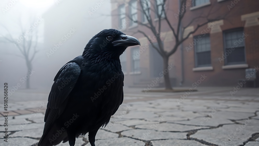 Fototapeta premium A close up of a crow standing on a stone surface with buildings in the foggy background outside city