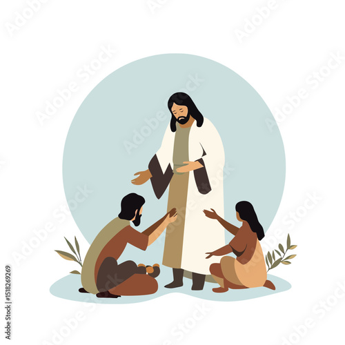 Jesus Christ helping needy man and woman sitting on ground offering support and compassion flat vector illustration