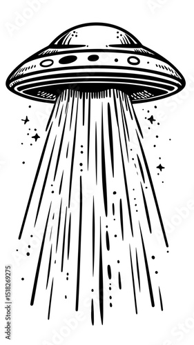 Black and white vector illustration of flying saucer UFO emitting tractor beam with starry sky in minimalist engraving style outline