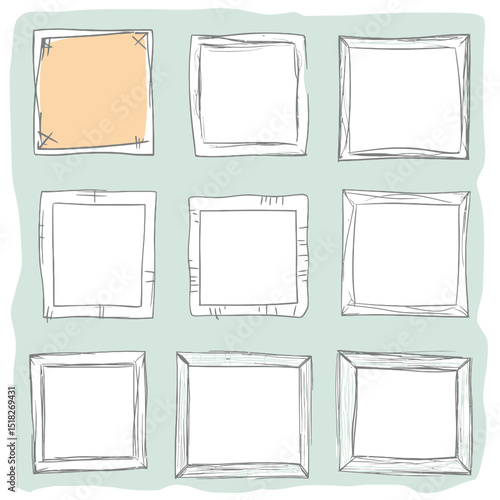 Hand drawn doodle style set of nine square photo frames and picture borders with sketch lines on light background vector illustration for decorative design