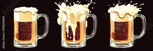 Three Glass Beer Mugs with Frothy Foam Splashing and Effervescent Dark Lager in Transparent Handles on Black Background Vector Illustration