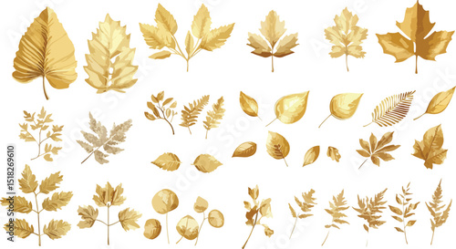 Golden Autumnal Leaves Collection Isolated on White Background Featuring Various Species of Deciduous Trees and Plants in a Warm Elegant Color Palette leaves assortment