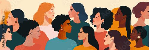 Diverse group of women with varied hairstyles and skin tones facing each other in unity and strength flat minimalist vector illustration for international women's day concept banner poster