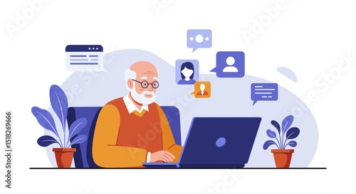 Elderly man working on laptop with communication icons and plants  