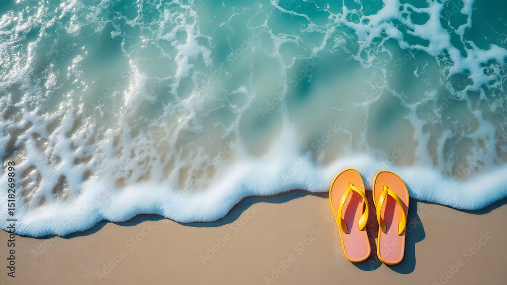 Obraz premium Brightly colored flip flops left at edge of sandy beach with foamy ocean waves gently approaching, evoking peaceful summer vibe