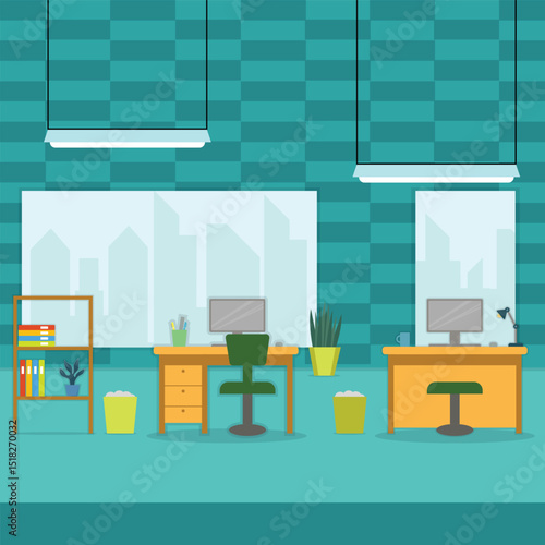 office room interior vector illustration template graphic design . furniture 2d simple cartoon for decoration concept on background in flat style