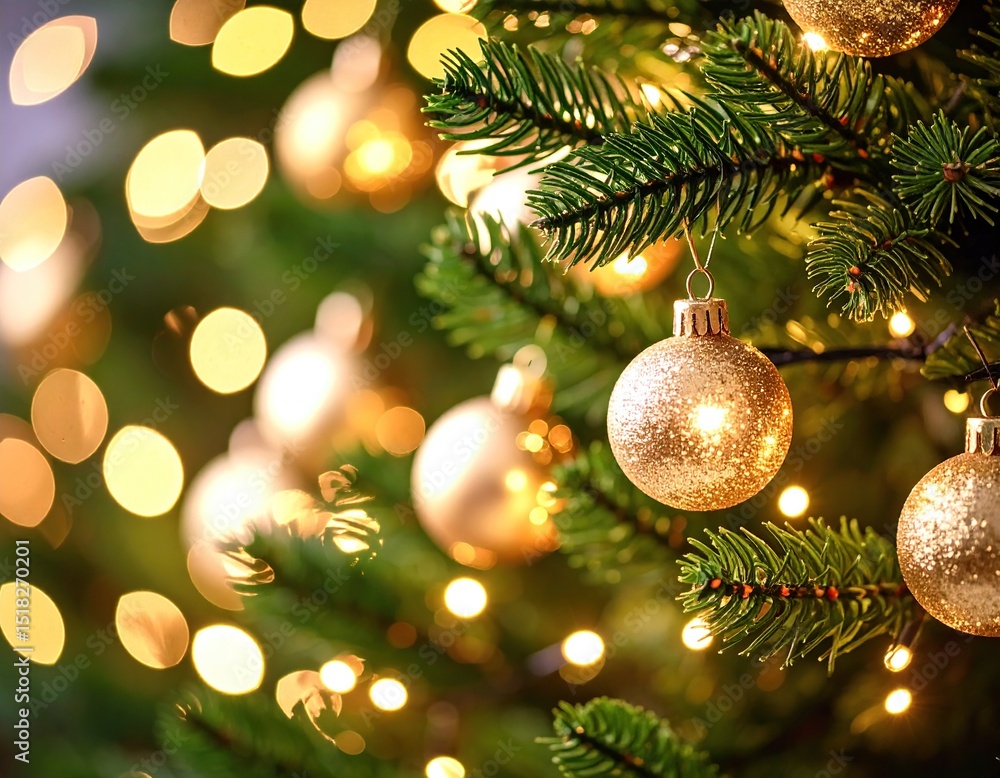 Close-up of a festive Christmas tree adorned with golden ornaments and bokeh lights. Close-up of a festive Christmas tree adorned with golden ornaments and bokeh lights.