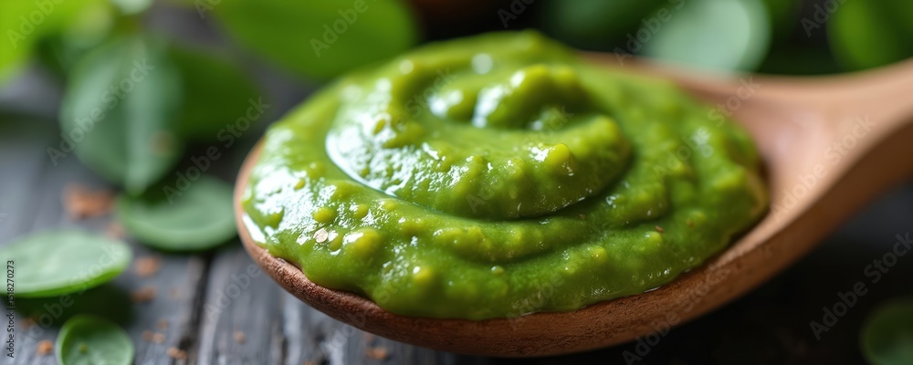 Obraz premium Green chutney, vibrant Indian condiment. Blend of mint, coriander, yogurt, herbs, ginger, spices. Spicy kick, creamy cooling flavor. Perfect for various dishes. Fresh delicious dip sauce.