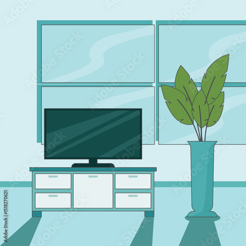 living room vector illustration template graphic design . furniture 2d simple cartoon interior with sideboard , television and plant's pot for apartment or decoration house business concept