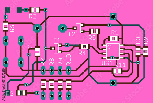 Vector printed circuit board of electronic 
device with components of radio elements, 
conductors and contact pads placed on pcb. 
Engineering technical drawing. Cad template.
Electric background.