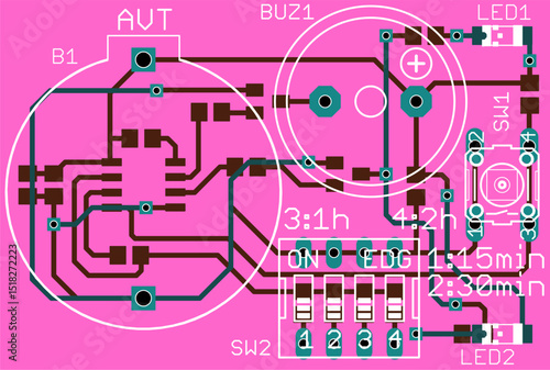 Vector printed circuit board of electronic 
device with components of radio elements, 
conductors and contact pads placed on pcb. 
Engineering technical drawing. Cad template.
Electric background.