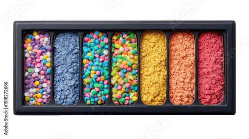 Makeup palette with vibrant colors and textures resembling candy sprinkles, offering a playful and creative approach to eye makeup with transparent background