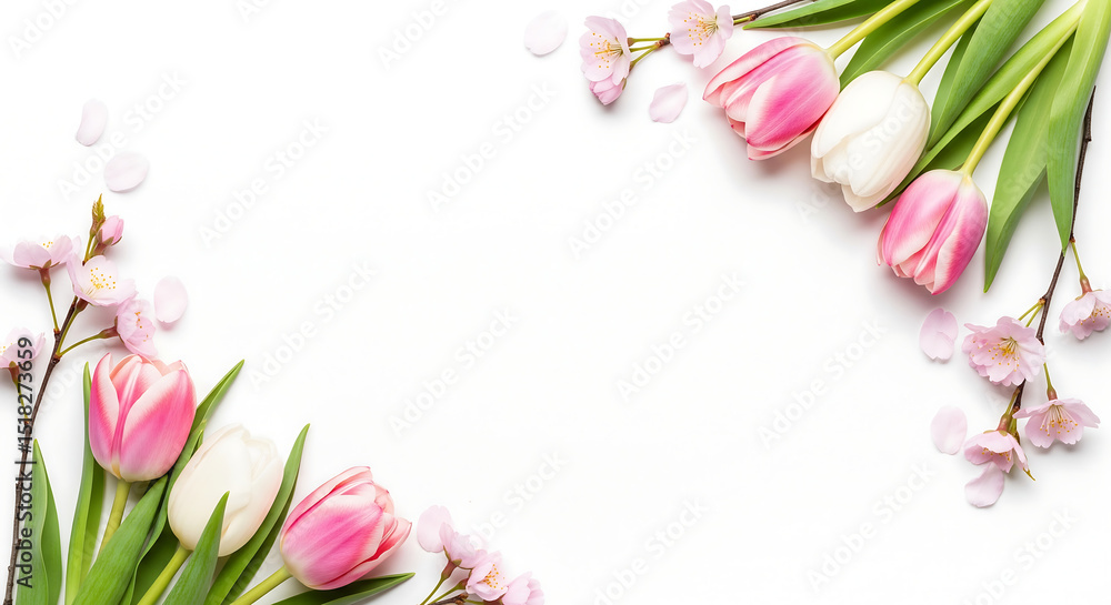 Pink tulips and cherry blossoms border on white background Pink tulips and cherry blossoms border on white background