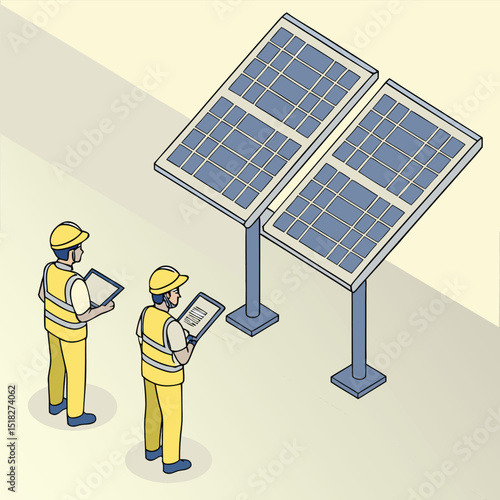 Solar panel engineers inspecting renewable energy technology with tablets for power production