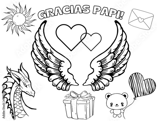 página para colorear en español con la frase "Gracias, papi"; un regalo original para el Día del Padre; vector ilustracion; archivo electrónico (png, jpg, vector) fácil de descargar e imprimir en casa