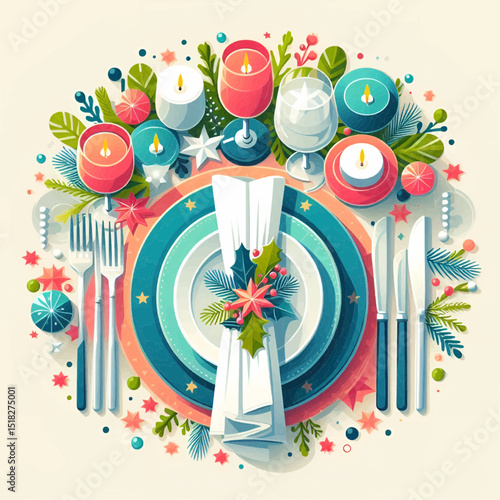 Colorful holiday table setting with candles and festive decorations in a vibrant style

