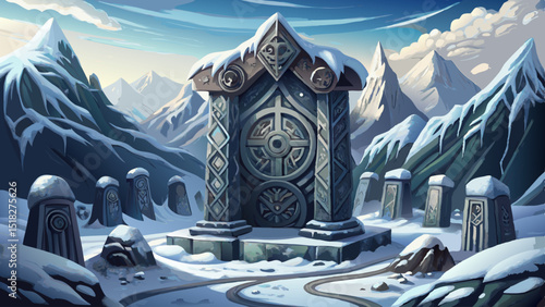 Artistic vector of snow-covered Nordic shrine with ancient runestones, symbolizing spiritual depth, mythology, and winter traditions in northern culture