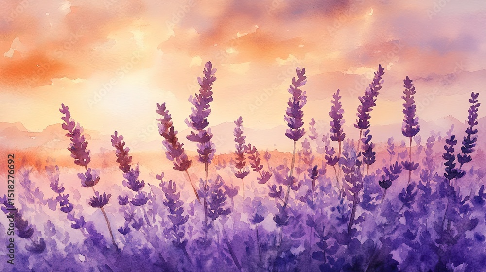 Naklejka premium Dreaming of lavender fields at sunset with a gentle breeze a fragrant purple escape in a watercolor painting with soft