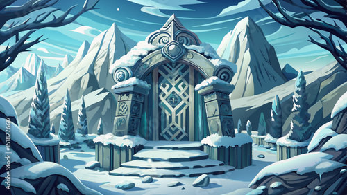 Artistic vector of snow-covered Nordic shrine with ancient runestones, symbolizing spiritual depth, mythology, and winter traditions in northern culture