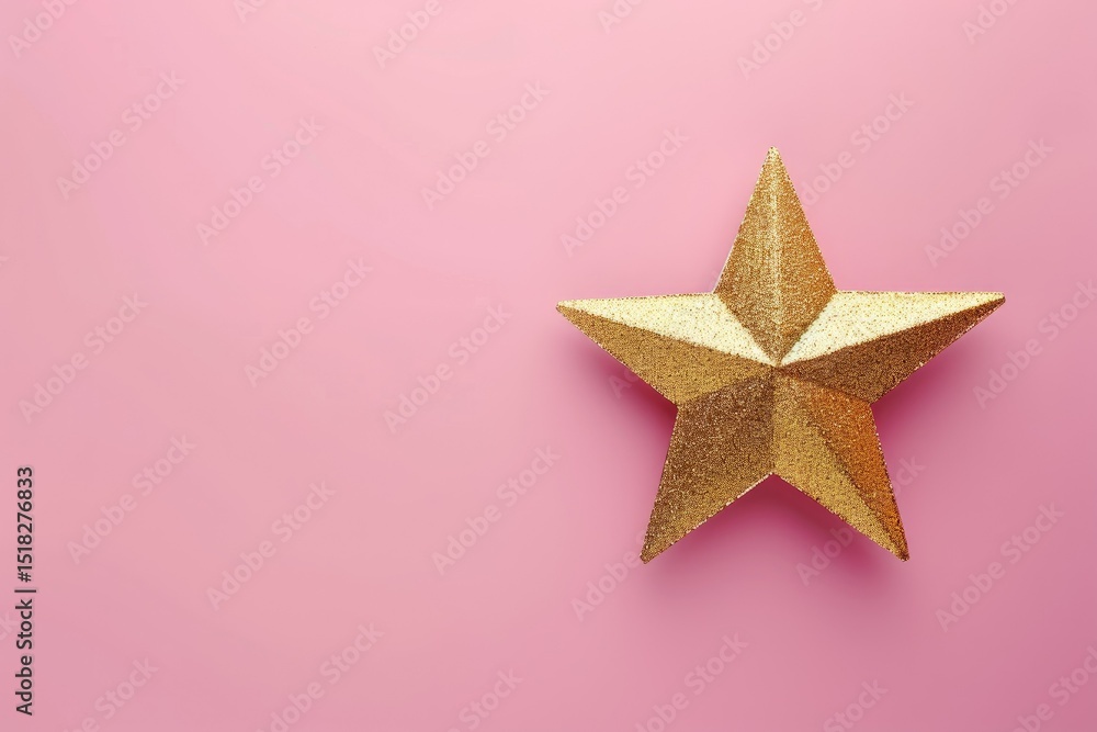 Christmas Five Pointed Golden Star on Pink Background Christmas Shining Decoration Holiday Concept Christmas Five Pointed Golden Star on Pink Background Christmas Shining Decoration Holiday Concept