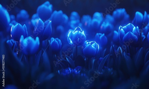 Glowing blue tulips at night, garden background, fantasy floral wallpaper