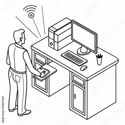 Person using a tablet to interact with a desktop computer at a modern desk setup