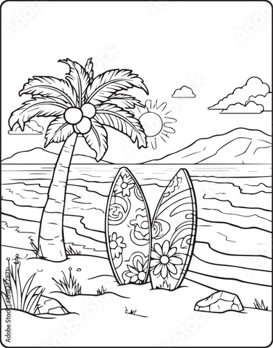 Hello summer with beautiful beach skate board vector outline for children and adults coloring book