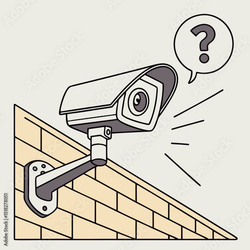 Surveillance camera illustration with a questioning speech bubble in a security context