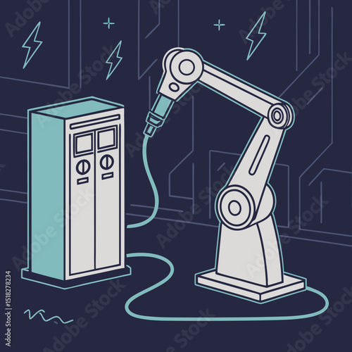 Industrial robot arm illustration interacting with a charging station in a technological environment
