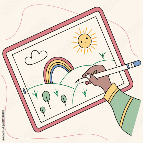 Person drawing a colorful landscape with a digital tablet and joyful mood in a bright setting
