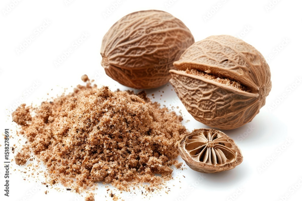 High Detail Image of Nutmeg and Ground Nutmeg Heap Isolated on White Background High Detail Image of Nutmeg and Ground Nutmeg Heap Isolated on White Background