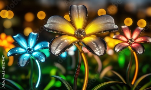 Glowing flowers night garden bokeh background, design
