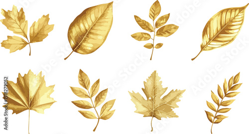 Elegant Golden Leaves Collection A Variety of Autumnal Foliage in a Luxurious Metallic Hue Isolated on a Clean White Background leaves white background golden