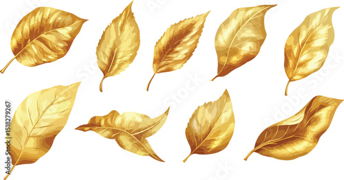 A collection of golden autumn leaves digitally rendered with intricate detail showcasing various shapes and textures against a clean white background creating an