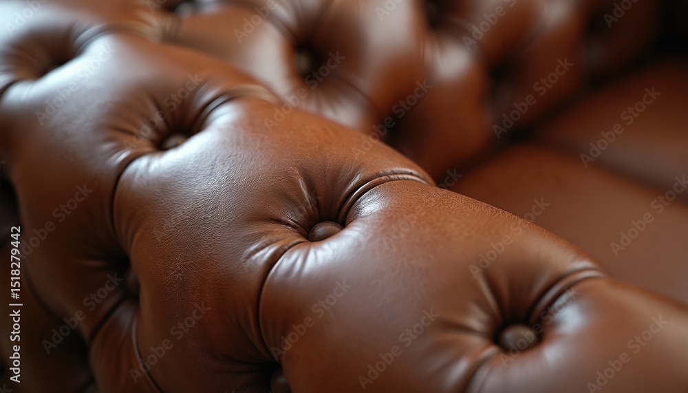 Naklejka premium Close-up details of brown leather sofa with button tufting texture. Elegant design with luxurious comfort. Interior decor element for home living room, office. Quality upholstery, stylish home