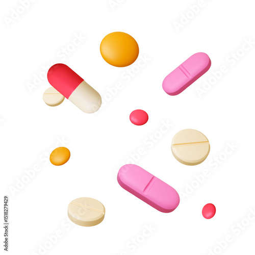 Medicine icons 3d rendering. Isolated realistic pills and capsules. Healthcare, treatment and disease. Pharmacy products, vitamins, vector set