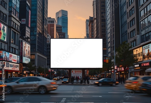 Realistic Urban Billboard Mockup – Sunset City Street with Cars & People
