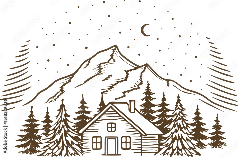 Obraz premium Cozy cabin in forest with snowy mountain background rustic winter landscape, pine trees, starry night illustration